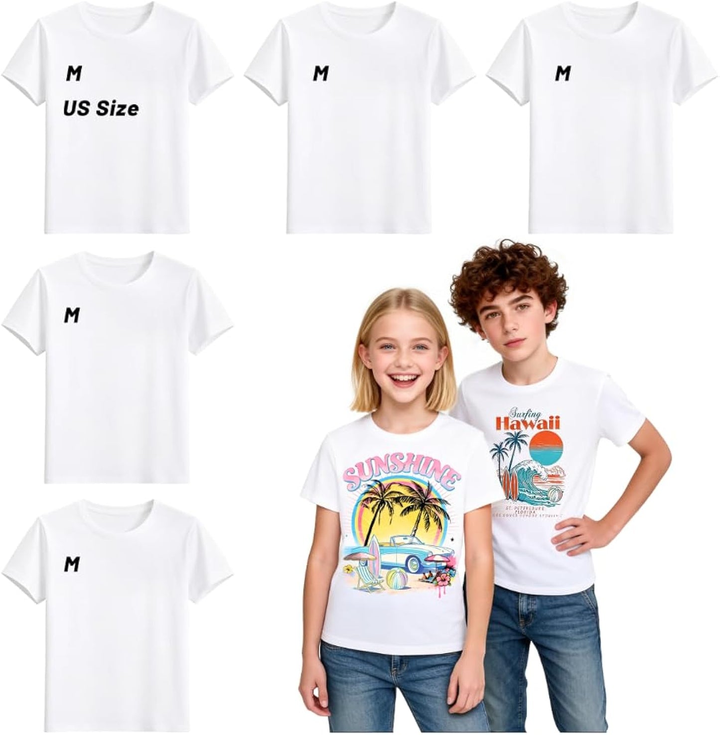 5 Pack Youth Sublimation Blank T Shirts White Polyester Crew Neck Short Sleeve for Heat Transfer Team Ages 8-14