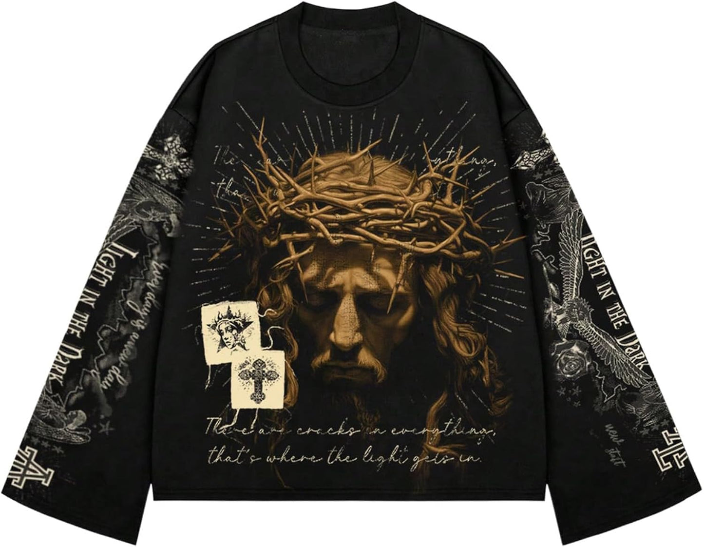 Men's Goth Graphic Tees Grunge Jesus Long Sleeve Shirts Crew Neck Hip Hop Tops Streetwear