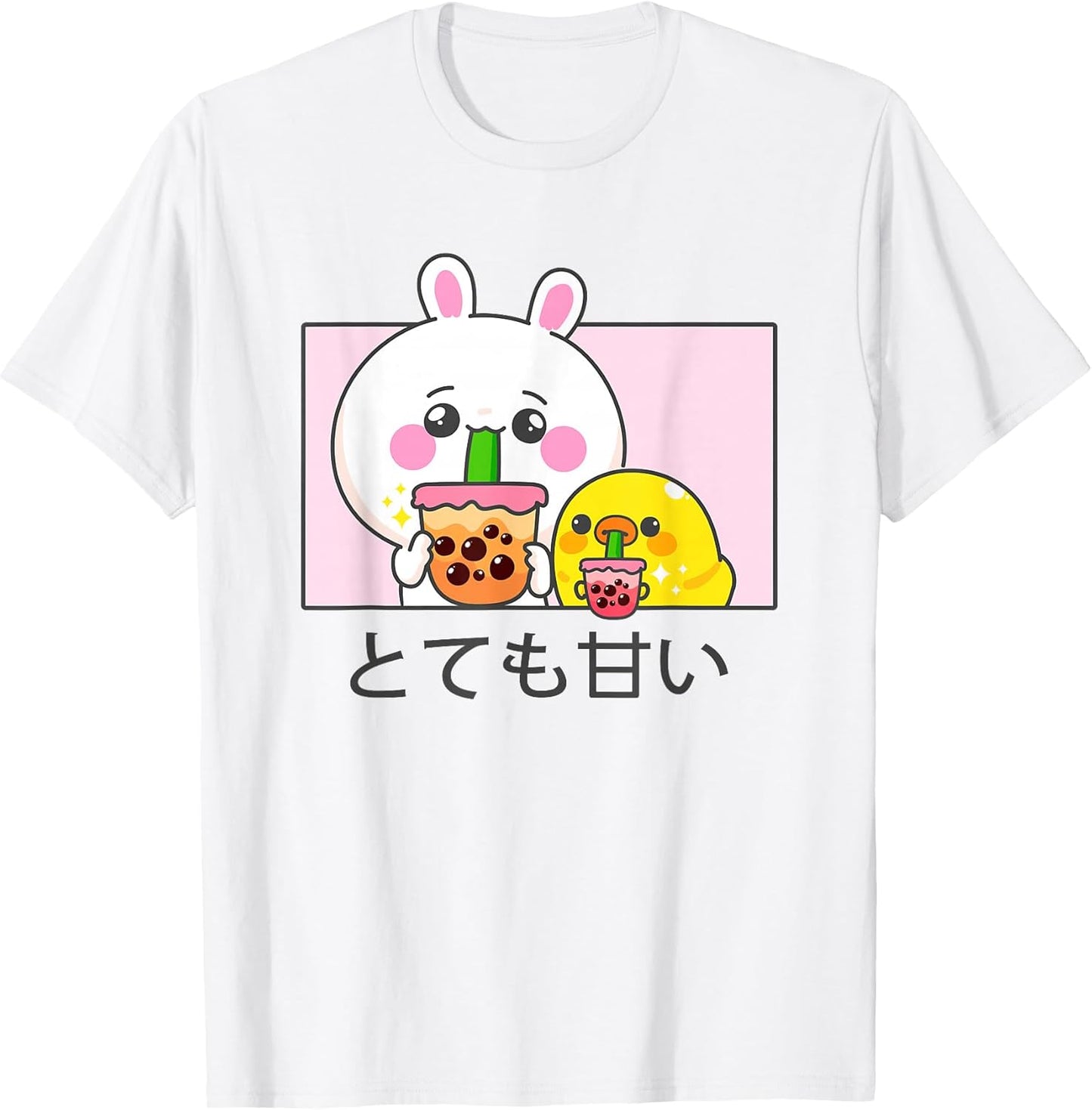 Kawaii Cute Anime Rabbit and Duck Drinking Bubble Tea T-Shirt