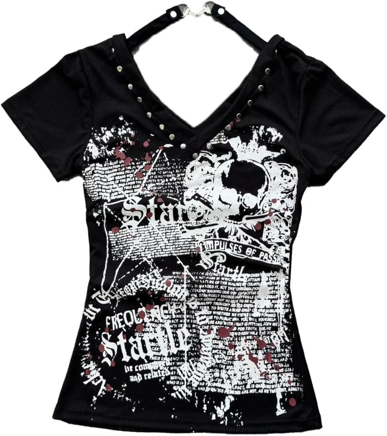Womens Y2K Skull Gothic Graphic T-Shirt Vintage Slim Fit Grunge Print Tops Crew Neck Streeetwear Crop Top