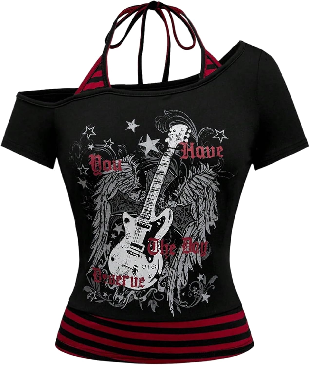 Women's Asymmetrical Neck Gothic Tops Grunge Graphic Tees Striped Y2K Slim Fit Halter Tops