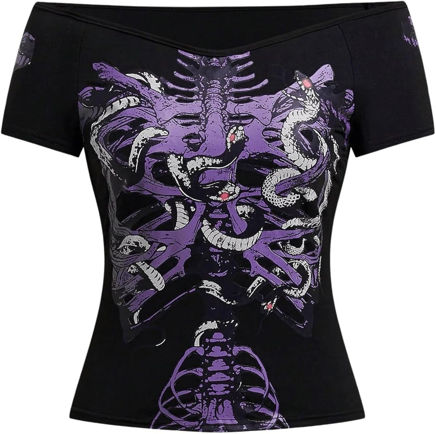 Women's Goth T Shirts Emo Off The Shoulder Y2K Grunge Graphic Tees Short Sleeve Tight Fitted Crop Tops