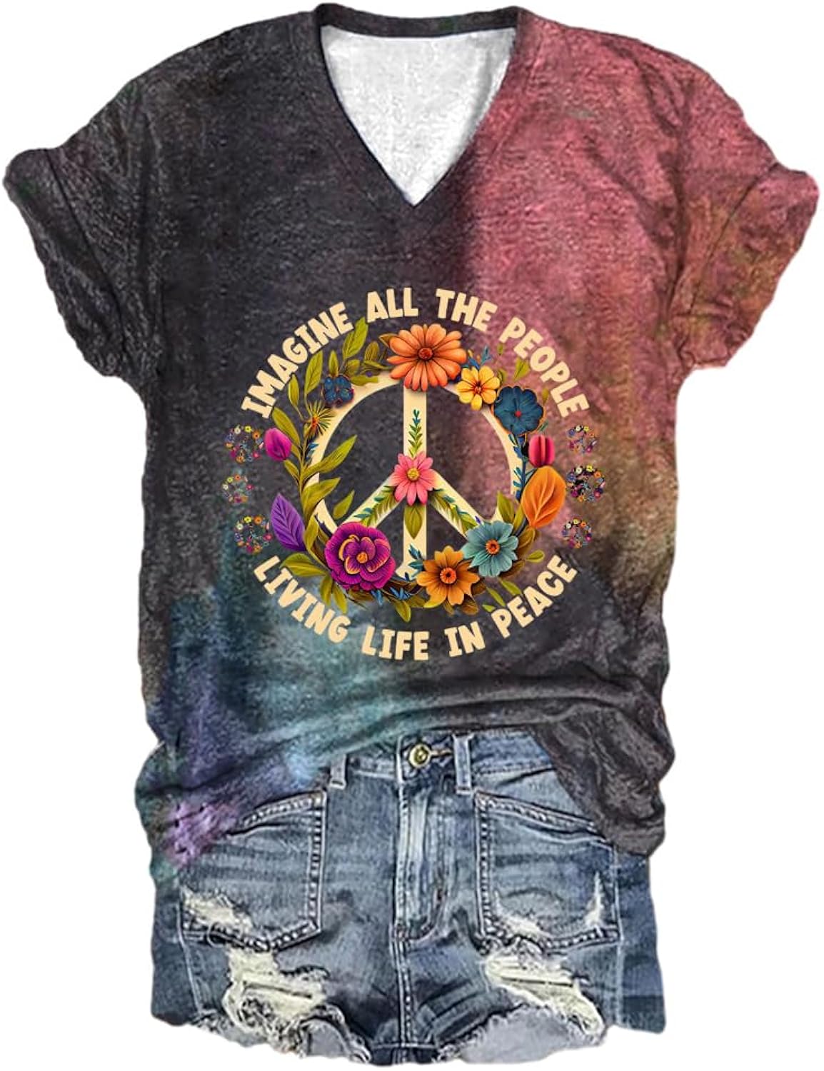Hippie Imagine All The People Living Life in Peace Shirt Peace Sign Shirt Tops
