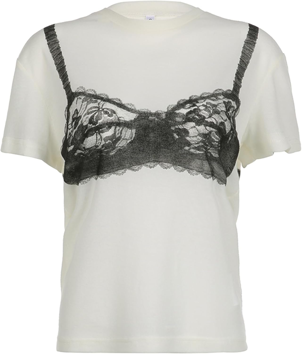 y2k Loose White T-Shirt Chic Lace See-Through Corset Print Short Sleeve Crewneck Women's Crop Top Casual Streetwear Tees
