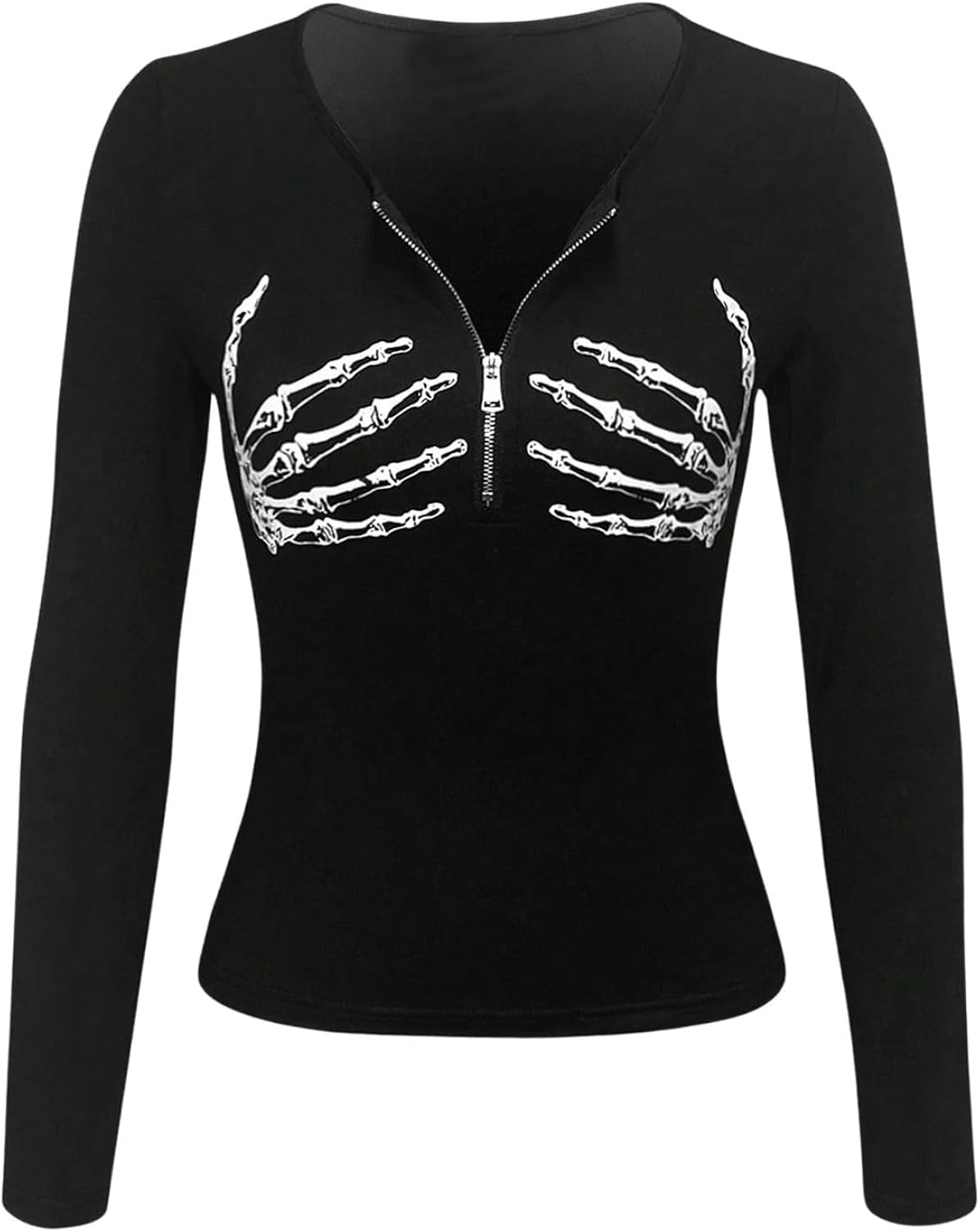 Women's Goth Skeleton Graphic Tee Shirt Zipper Long Sleeve Slim Fit Tops