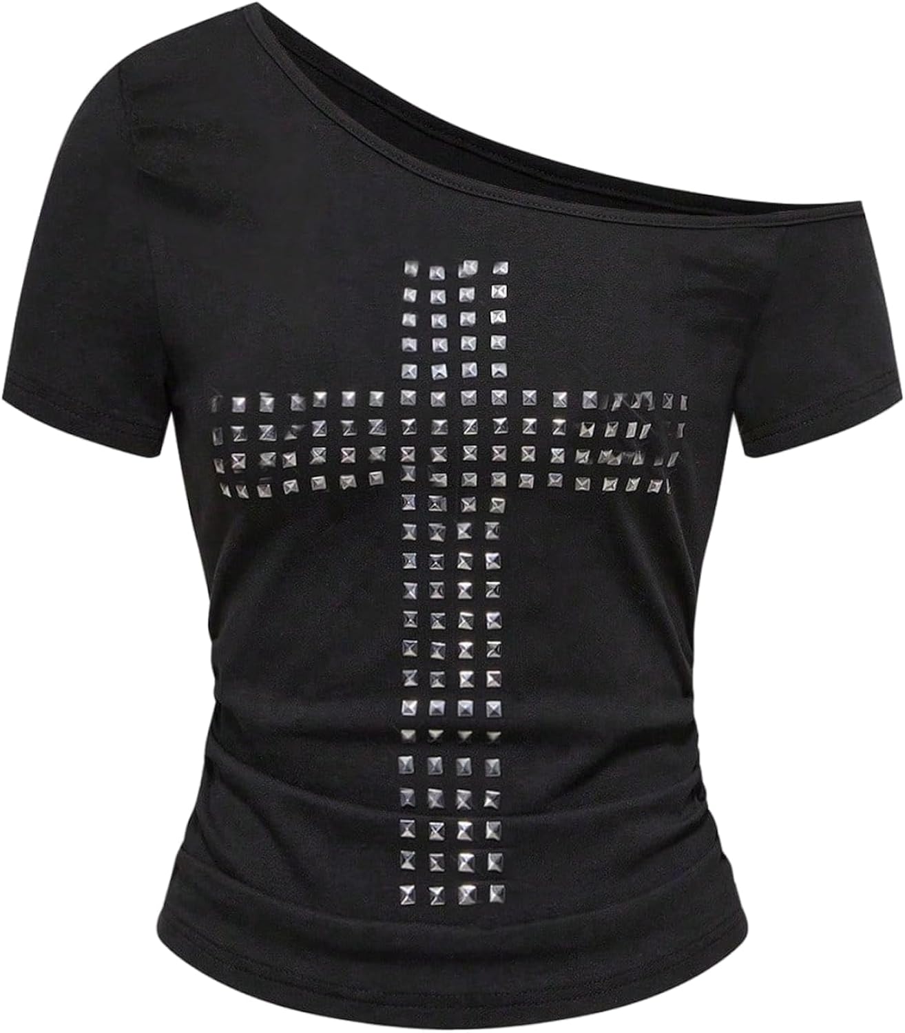 Women's Y2k Cross Rivet T Shirt Grunge Punk Off The Shoulder Short Sleeve Going Out Tops Streetwear