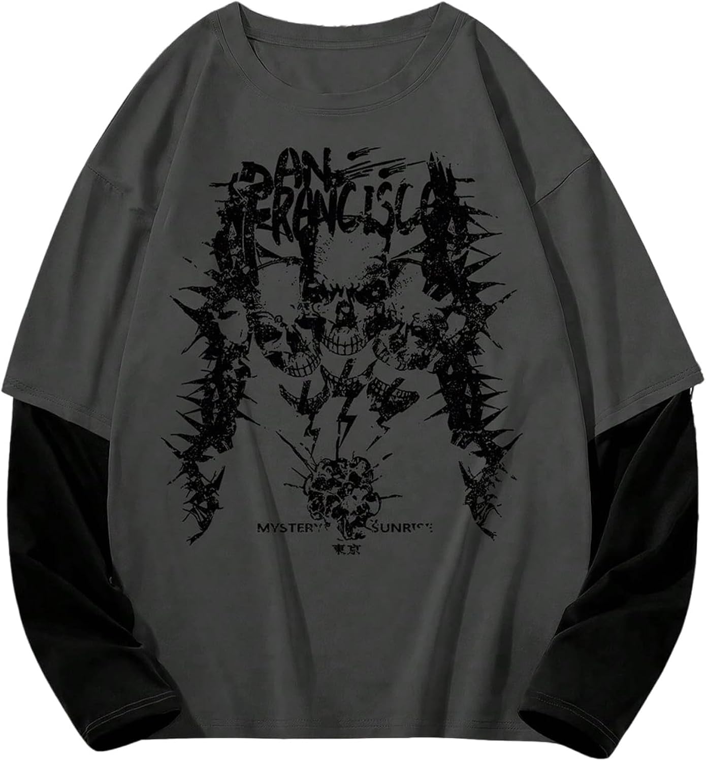 Men's Graphic Tees Y2k Gothic Skull Print Long Sleeve T Shirt 2 in 1 Crewneck Casual Tops Streetwear