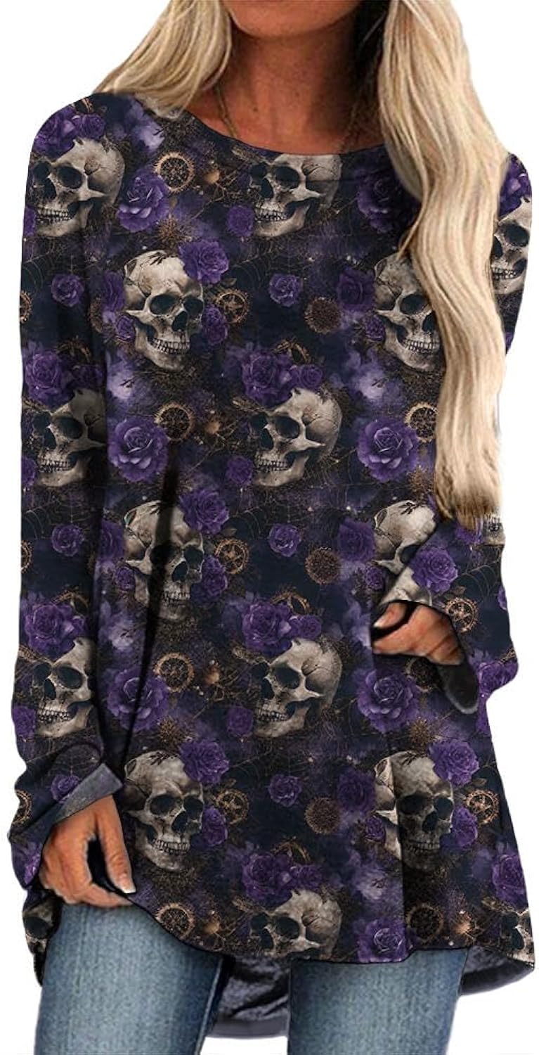 Halloween Shirts for Women Long Sleeve Crewneck Tunic Tops Pumpkin Ghost Skull Print Fall Blouses Dressy Spooky Shirts