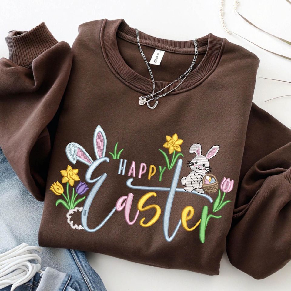 Embroidered Happy Easter Sweatshirt, Floral Easter Bunny Ear Shirt, Rabbit Basket Crewneck,Spring Easter Hoodie, Bunny Easter Gift for Women