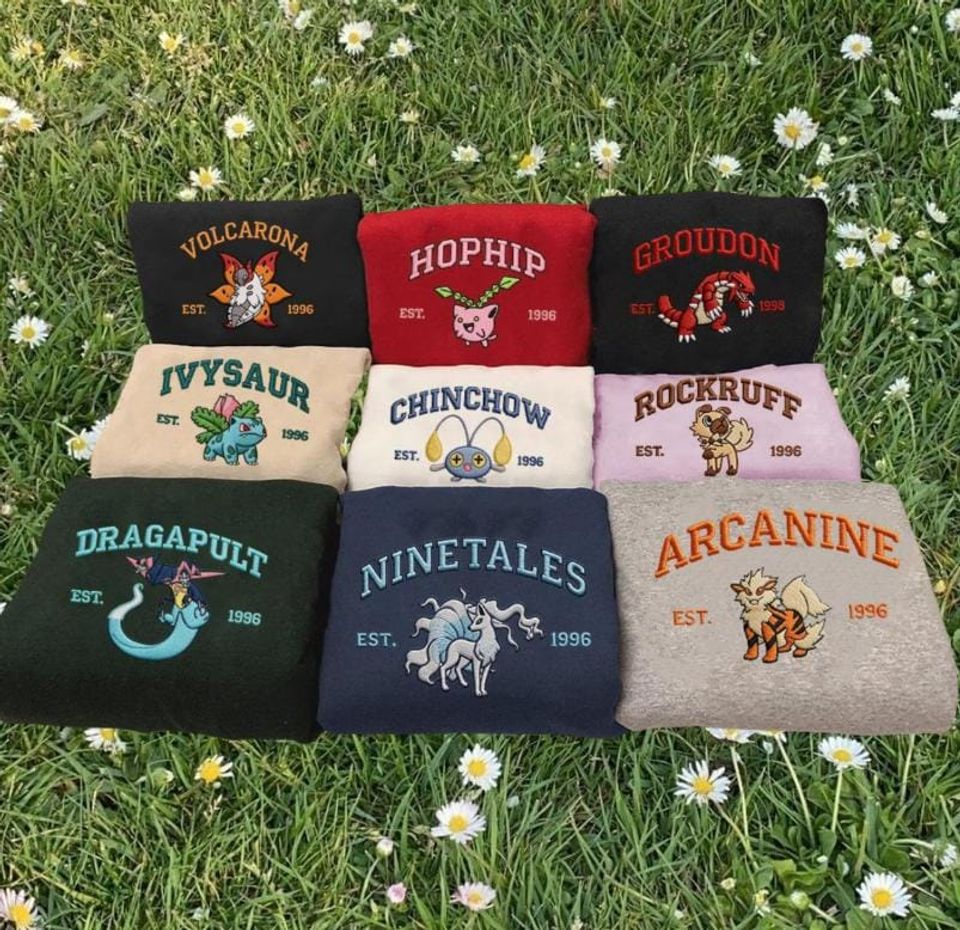 Custom Embroidered Poke Sweatshirt, Pika Sn Lax Charizard Hoodie, Anime Gift for Her Him, 90s Cartoon Crewneck,Pika Sn Lax Charizard