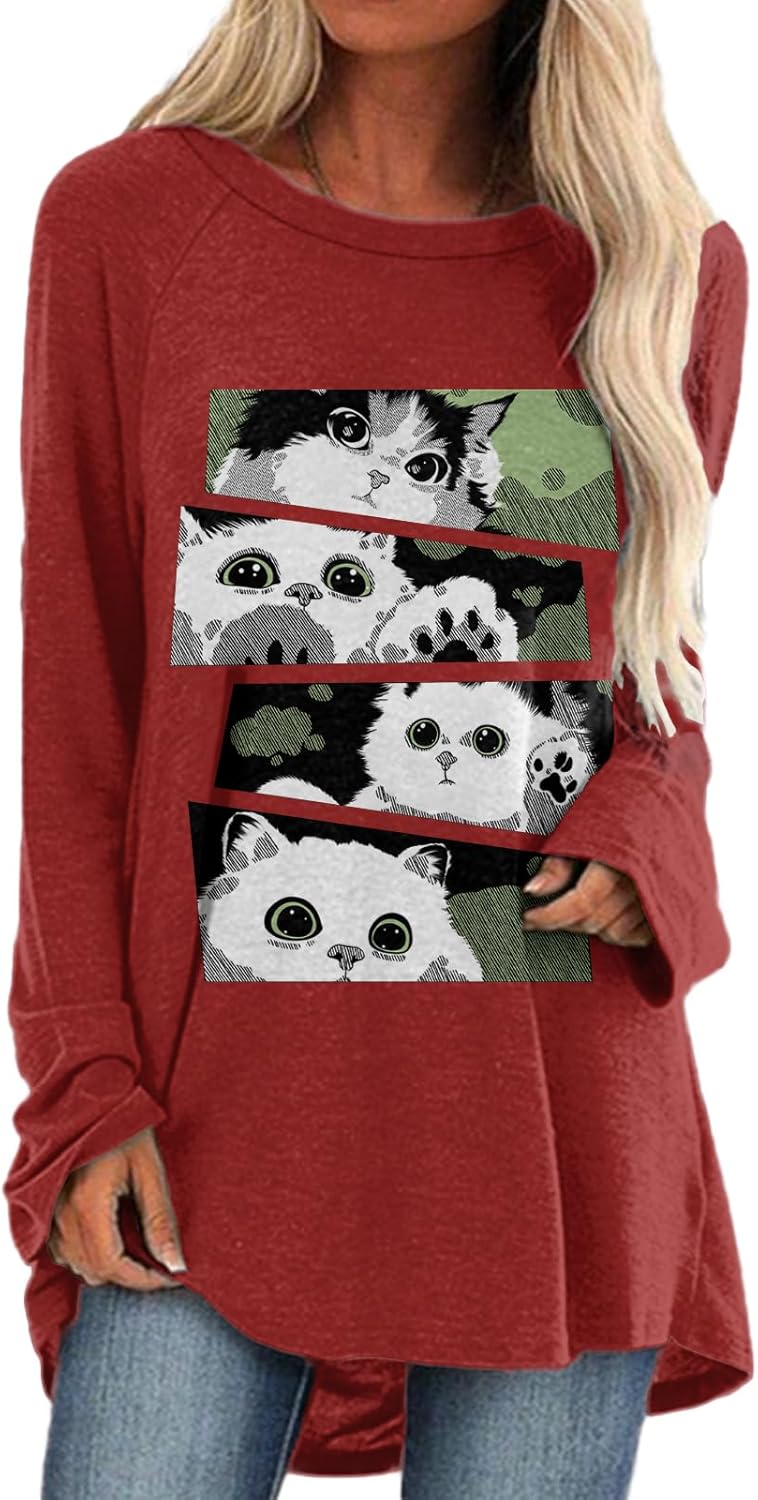 Cute Cats Print Shirts for Women Long Sleeve Crew Neck Graphic Tees Causal Loose Fit Cat Lover T-Shirt 2025