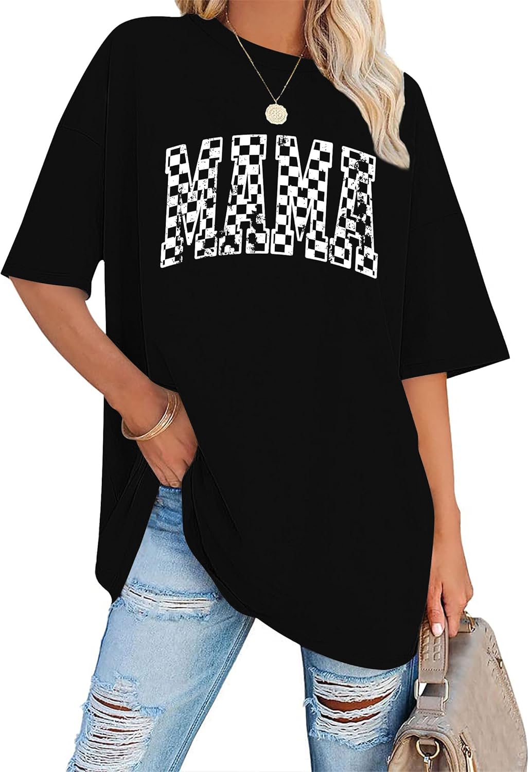 Oversized Mama Shirts for Women: Mom Oversized Graphic Tshirts Checkered Mama Short Sleeve Tops