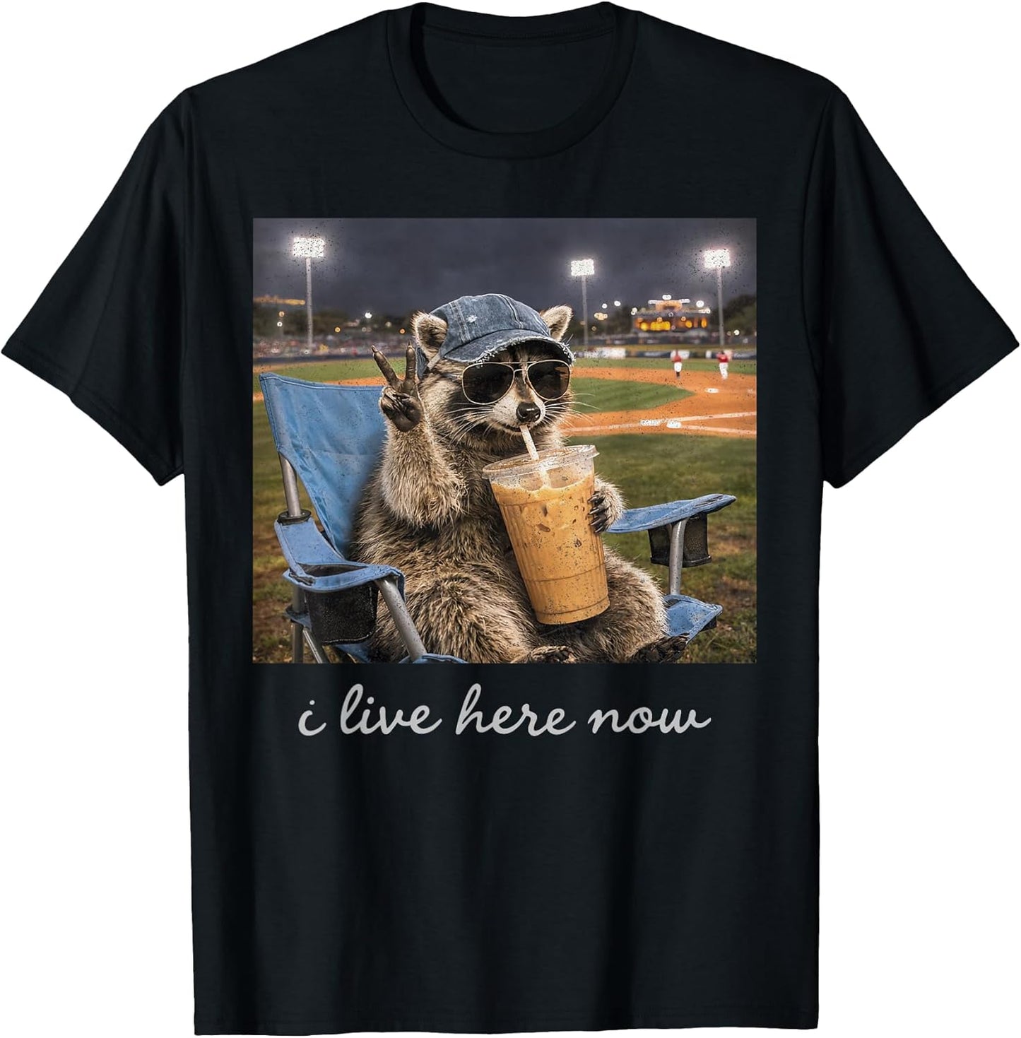 Funny Raccoon Ballfield Baseball Field I Live Here Now T-Shirt