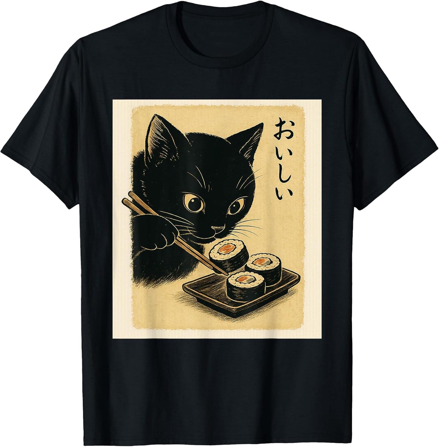 Black Cat Eating Sushi - Japan Lover Japanese Cuisine Chef Men Women Kids T-Shirt