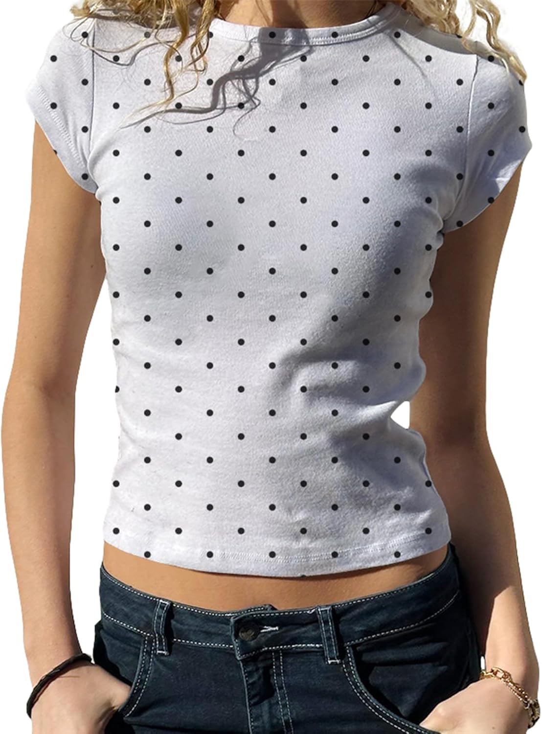 Women Polka Dot Short Sleeve Crop Tshirt Tops Cute Girls Y2K Aesthetic Slim Fit Crewneck Tee Shirt Coquette Clothes