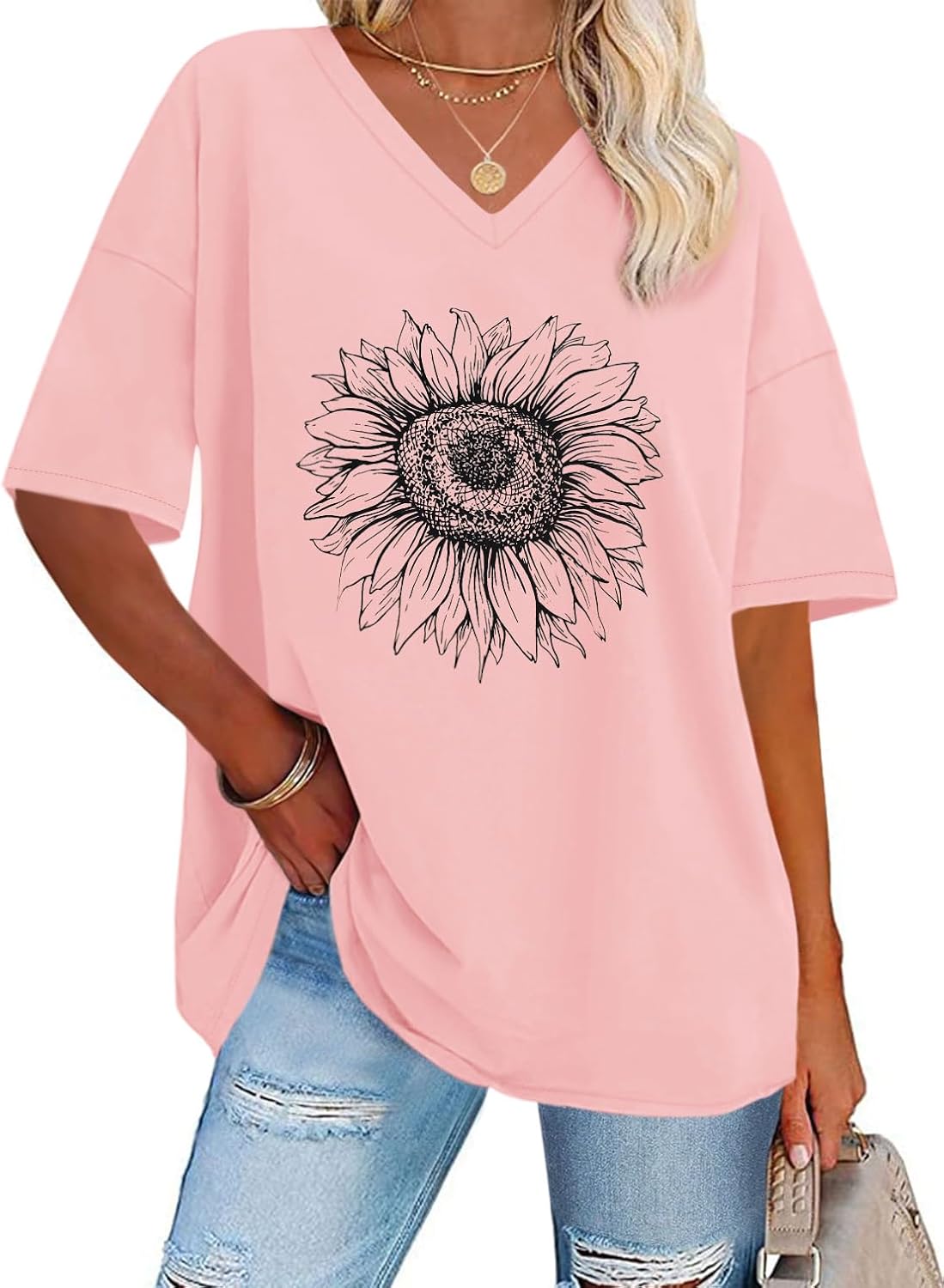 Oversized Tshirts for Women V Neck Summer Graphic Tees Casual Short Sleeve Loose Tops 2026