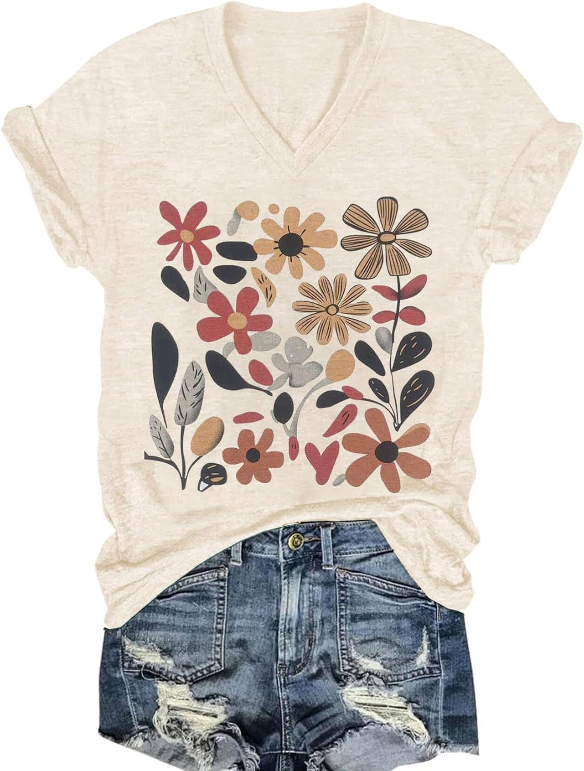 Womens V-Neck T-Shirt Flower Graphic Tees Summer Fashion Boho Tops Tshirts Loose Casual Wildflower Beach T Shirts