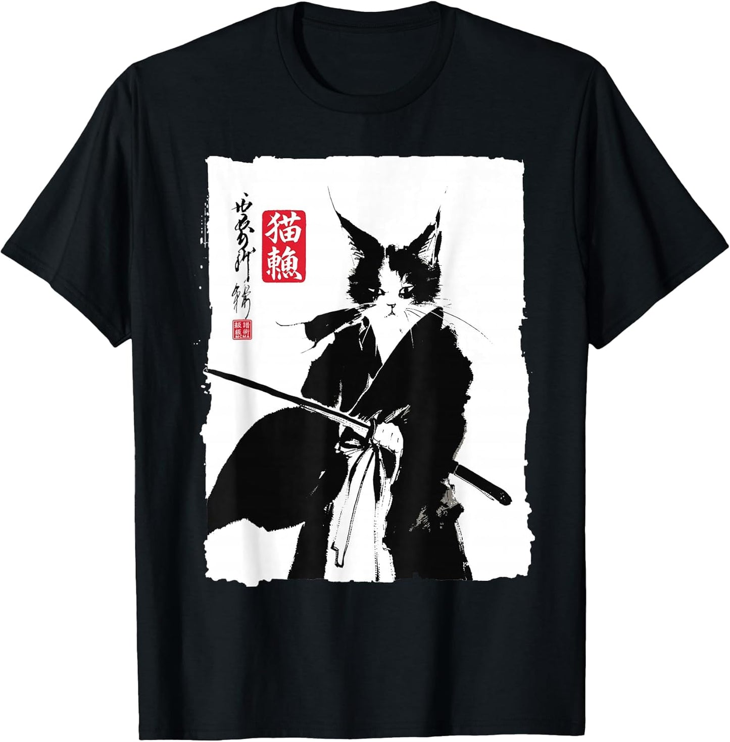Japanese Samurai Cat Art Vintage Sumi-e Ink Painting T-Shirt