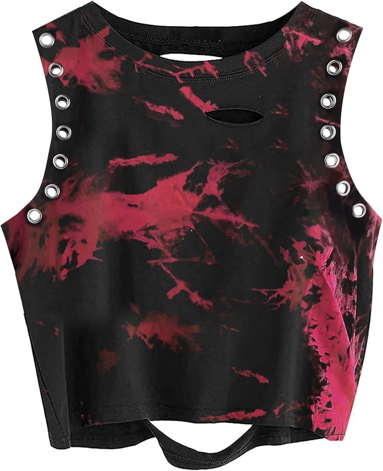 Women's Tie Dye Crop Tank Top Punk Rock Ripped Sleeveless Grommet Top Distressed Shirt
