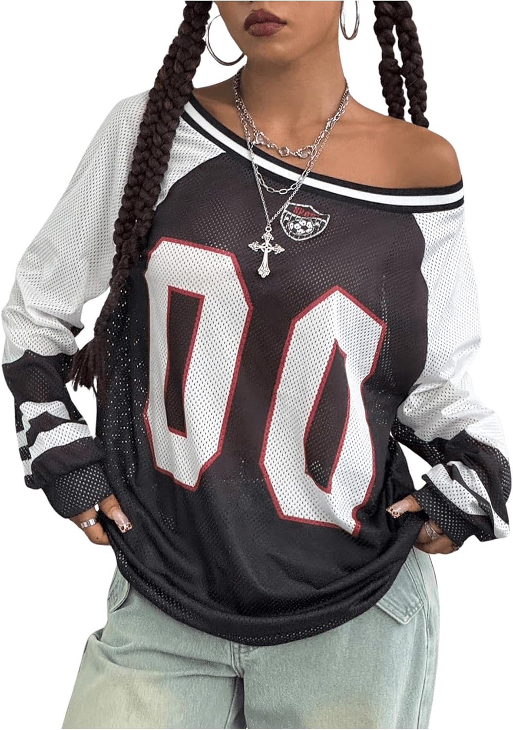 Women's Y2k Mesh Jersey Shirts Sheer Graphic Tees Oversized Off The Shoulder Long Sleeve Tops Streetwear