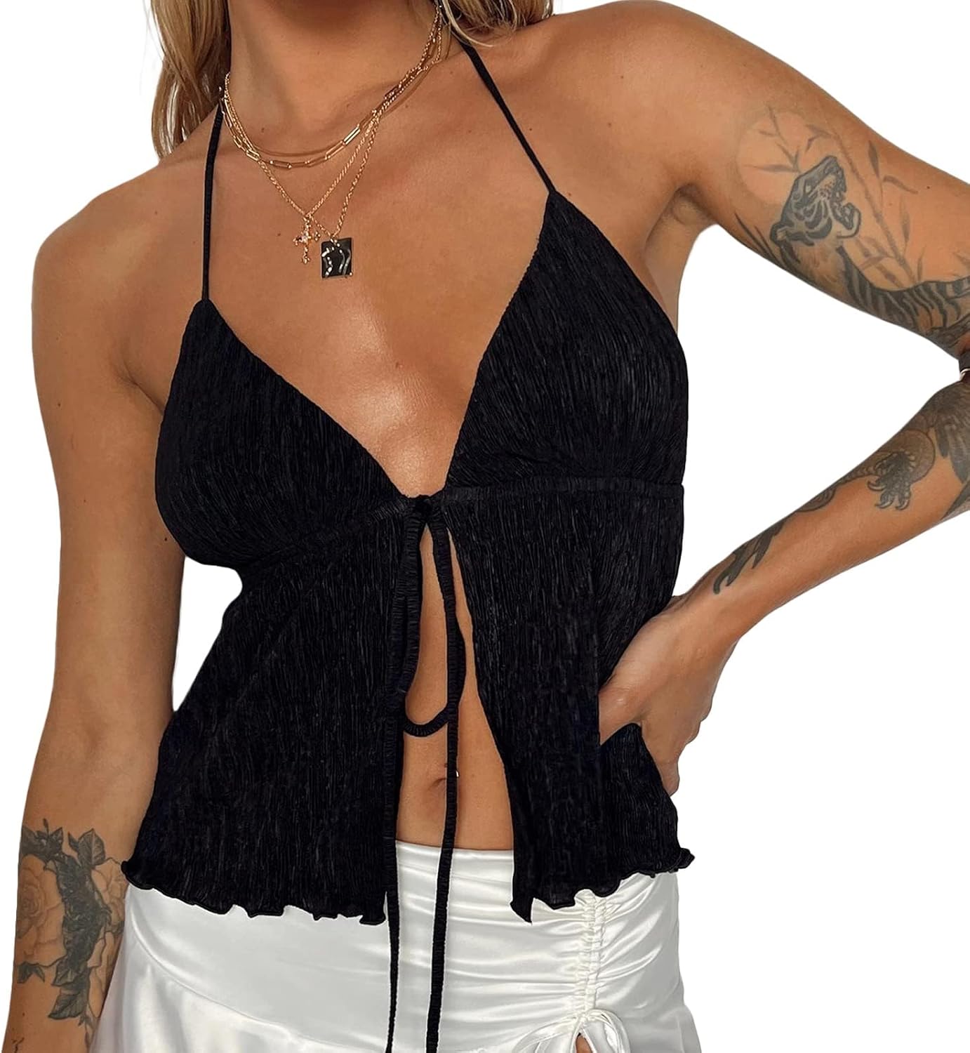 Women Front Tie Top Y2k Halter Neck Flowy Summer Going Out Tank Top Streetwear