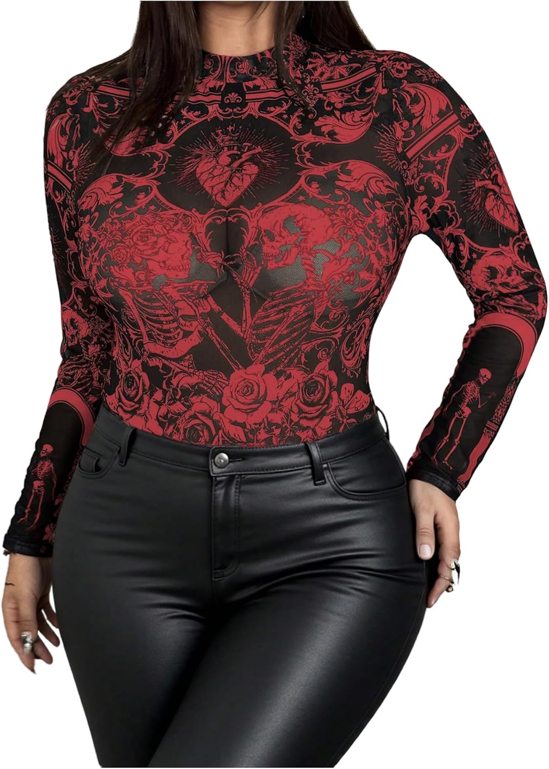 Women's Plus Size Gothic Sheer Mesh Graphic Tees Long Sleeve Mock Neck See Through T Shirt Y2k Punk Going Out Top