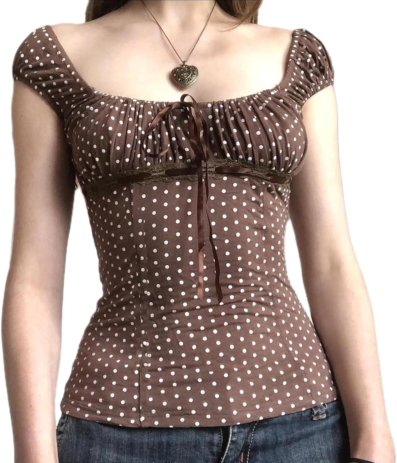 Women Fairy Grunge Shirt Summer Cap Sleeve Lace Up Polka Dot Milkmaid Tops Vinatge E-Girls Aesthetic Clothes