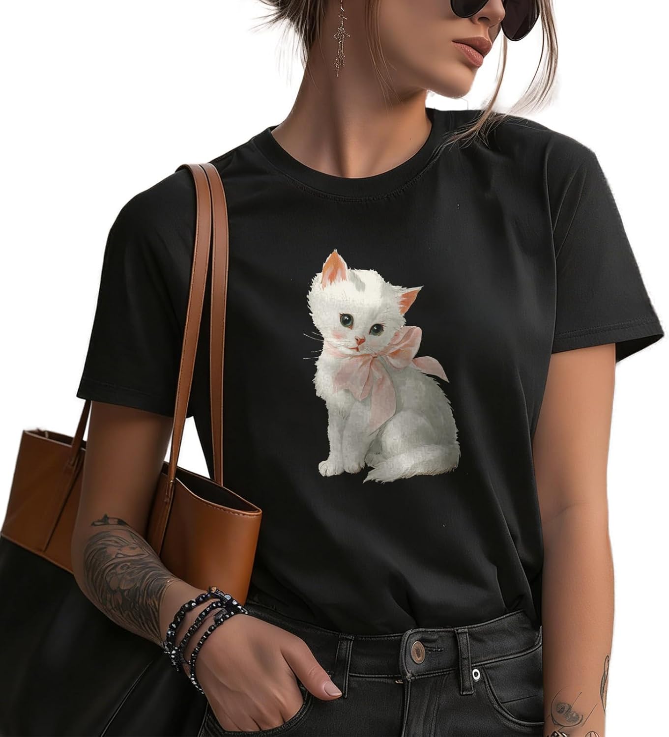 Women's Cat Print Cotton T-Shirts 2026 Short Sleeve Crew Neck Casual Graphic Tee Cute Artistic Cat Design Tops