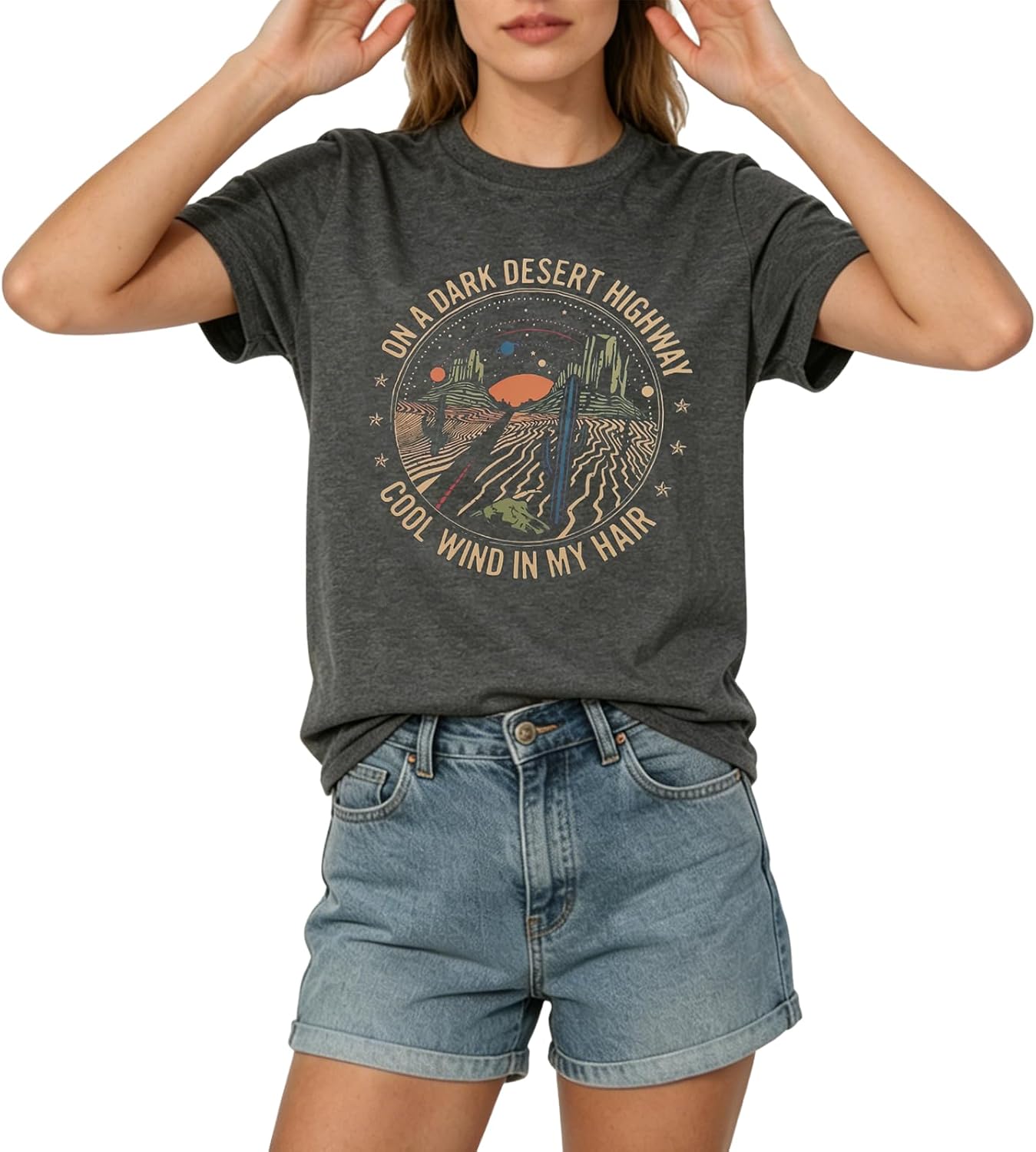 Graphic Tees for Women Vintage Desert Highway T Shirts Funny Western Adventure Shirts Casual Short Sleeve Tee Tops