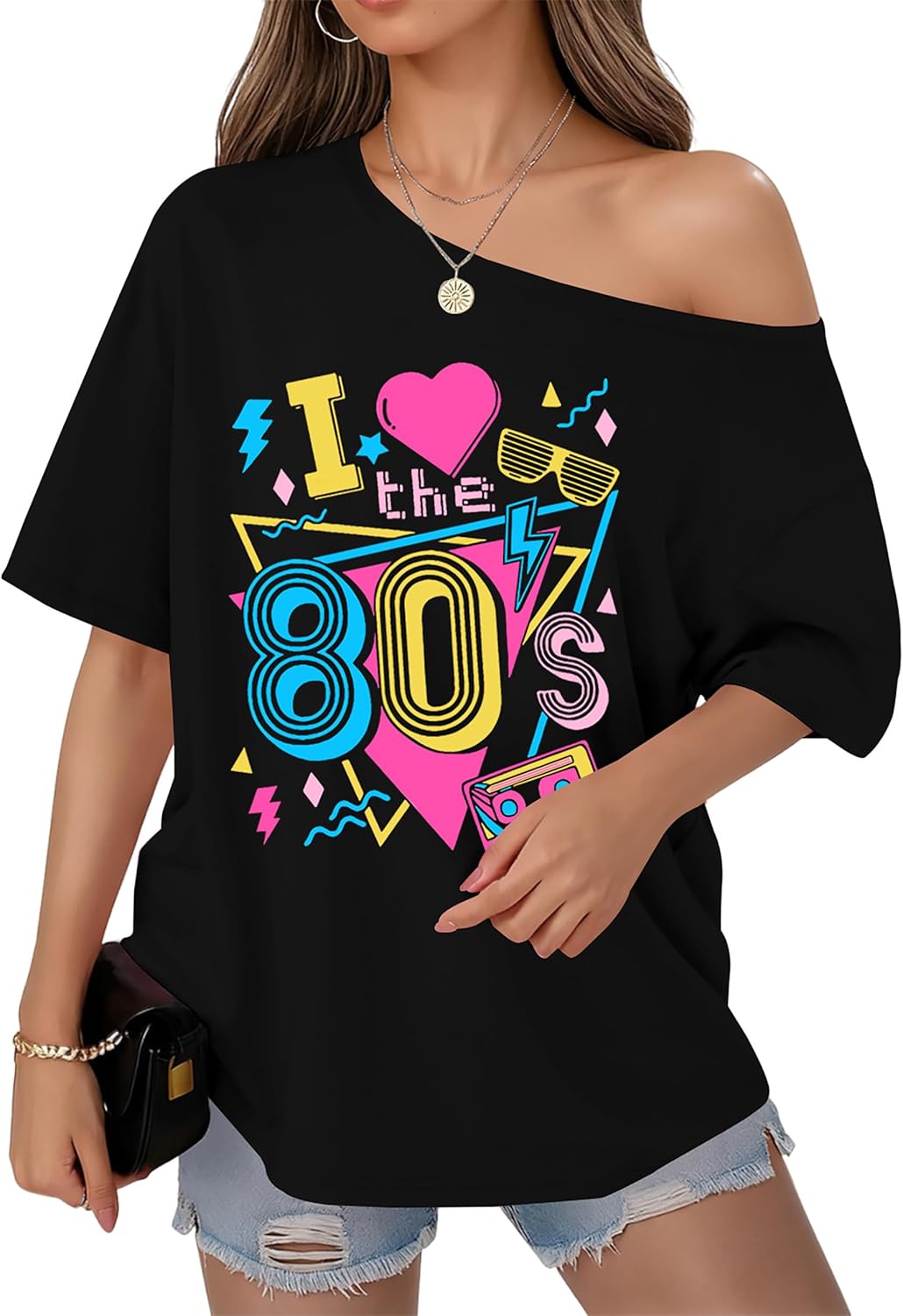 80s Shirts for Women Oversized Retro Off The Shoulder Top Disco 80s 90s Theme Party Outfit