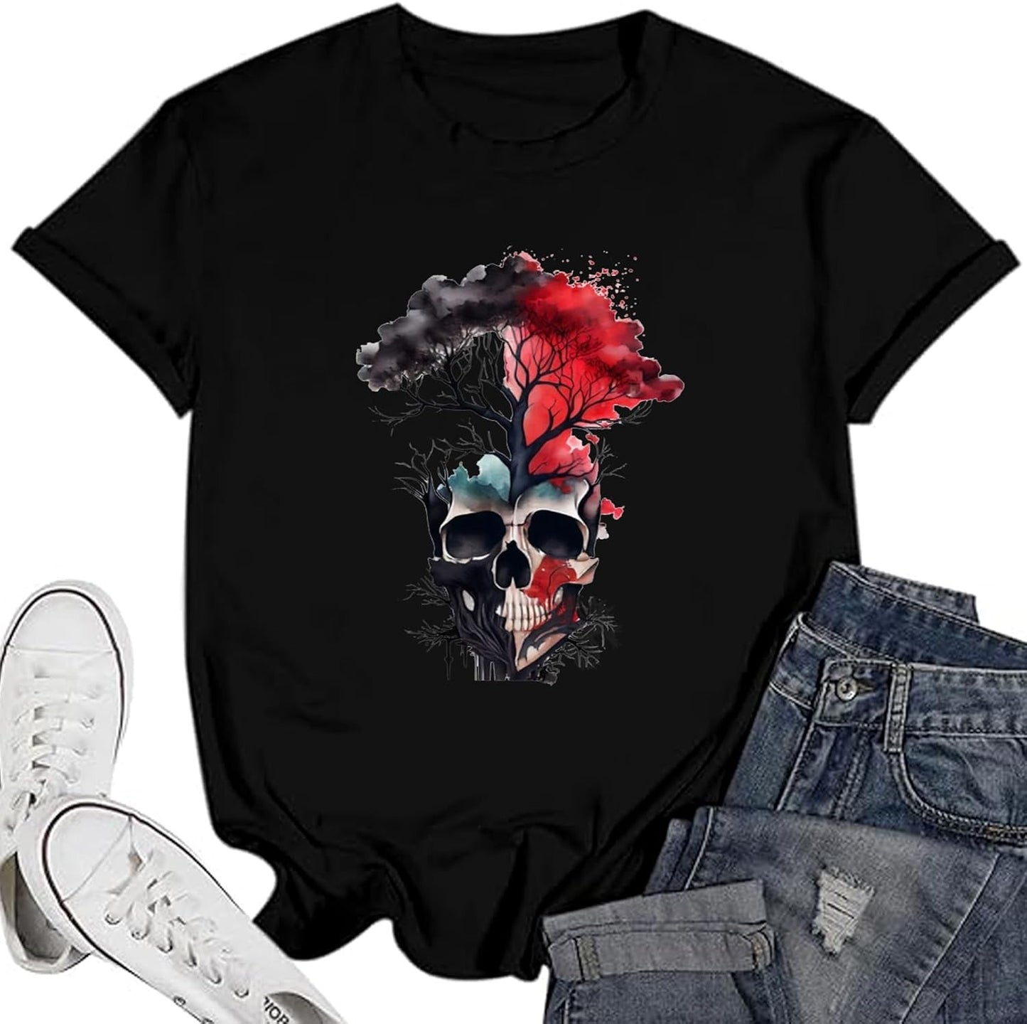 Women Funny Shirts Novelty Skull Graphic Tees Vintage Skeleton Tshirt Casual Gothic Short Sleeve Holiday Tops