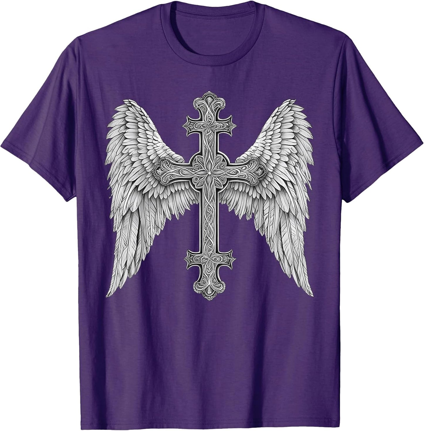 Gothic Cross and Angle Wings Graphic Punk Style Mens Womens T-Shirt