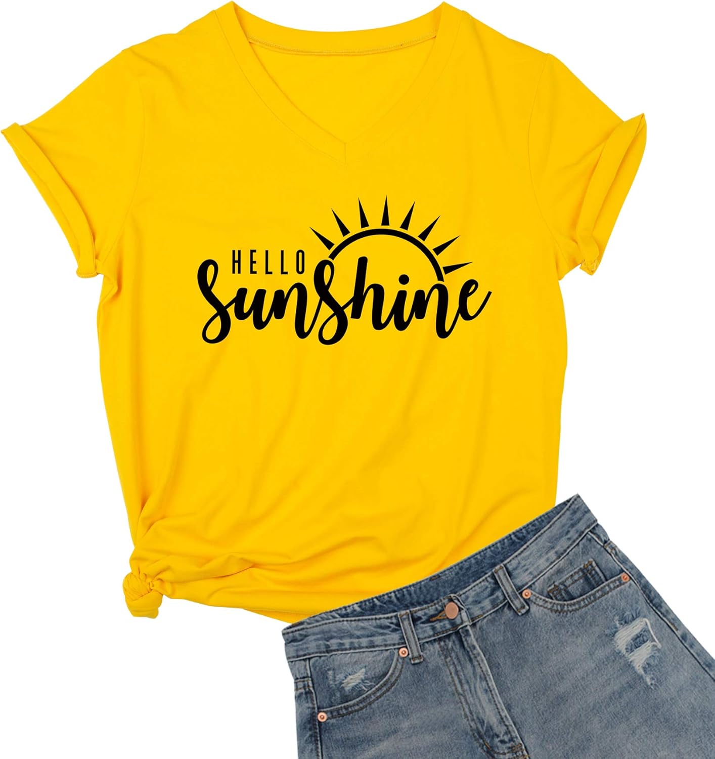 Womens Hello Sunshine Shirt Summer Short Sleeve V-Neck Graphic T-Shirt Nature Shirt Tops Tees