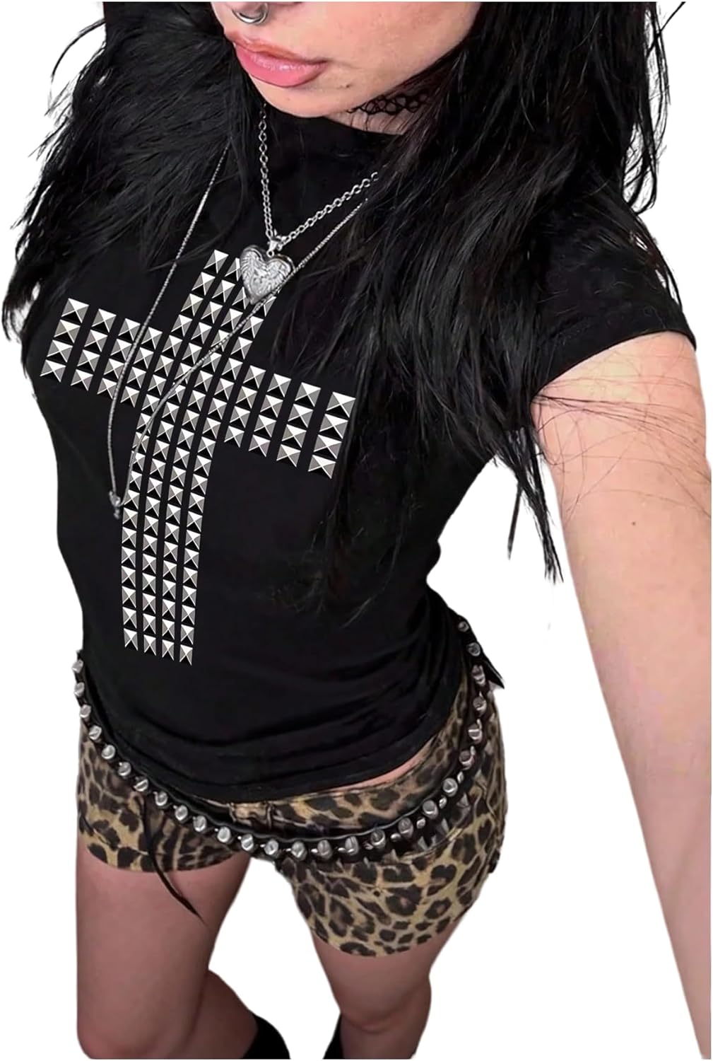 Women's Y2k Gothic Cross Graphic Tees Short Sleeve Crew Neck Punk T Shirt Going Out Tops Streetwear