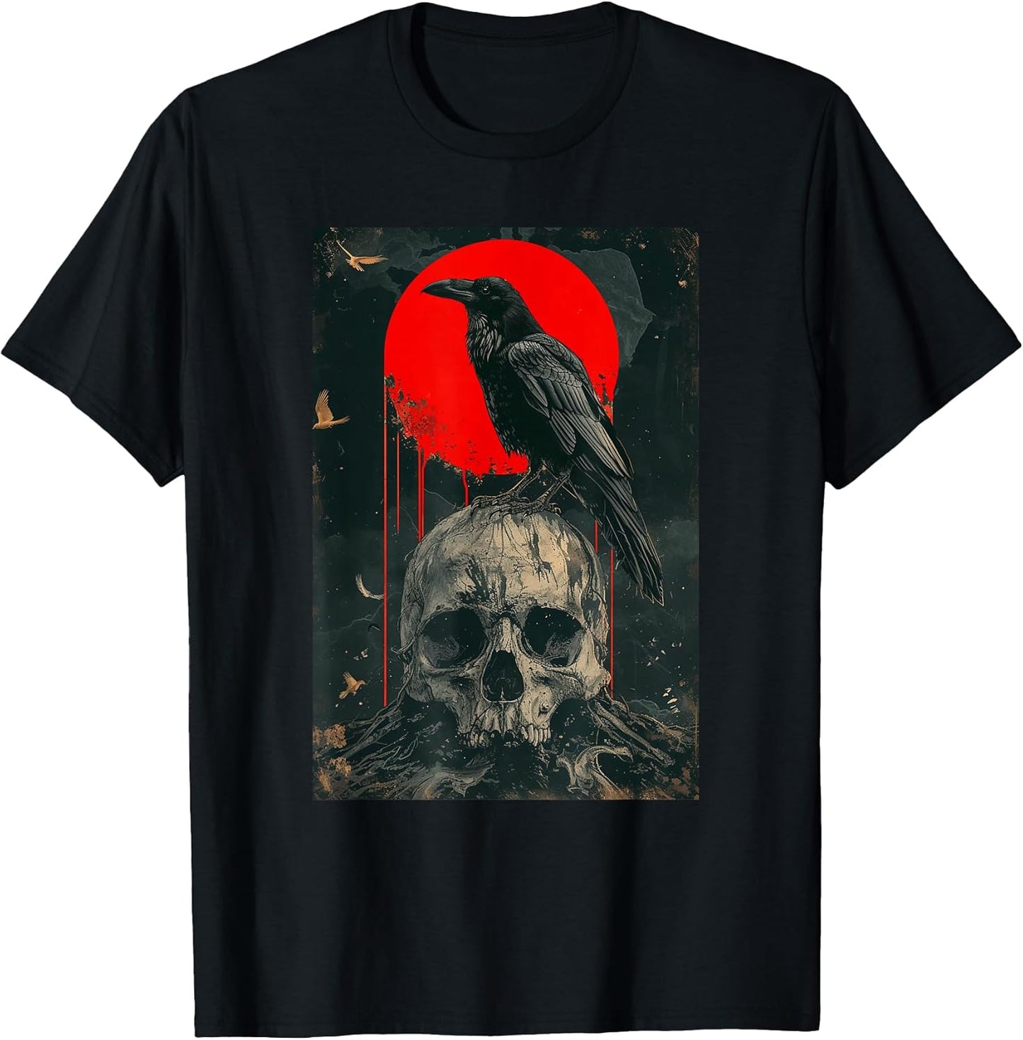 Red Moon Black Gothic Raven Skull Graphic Black Crow T-Shirt