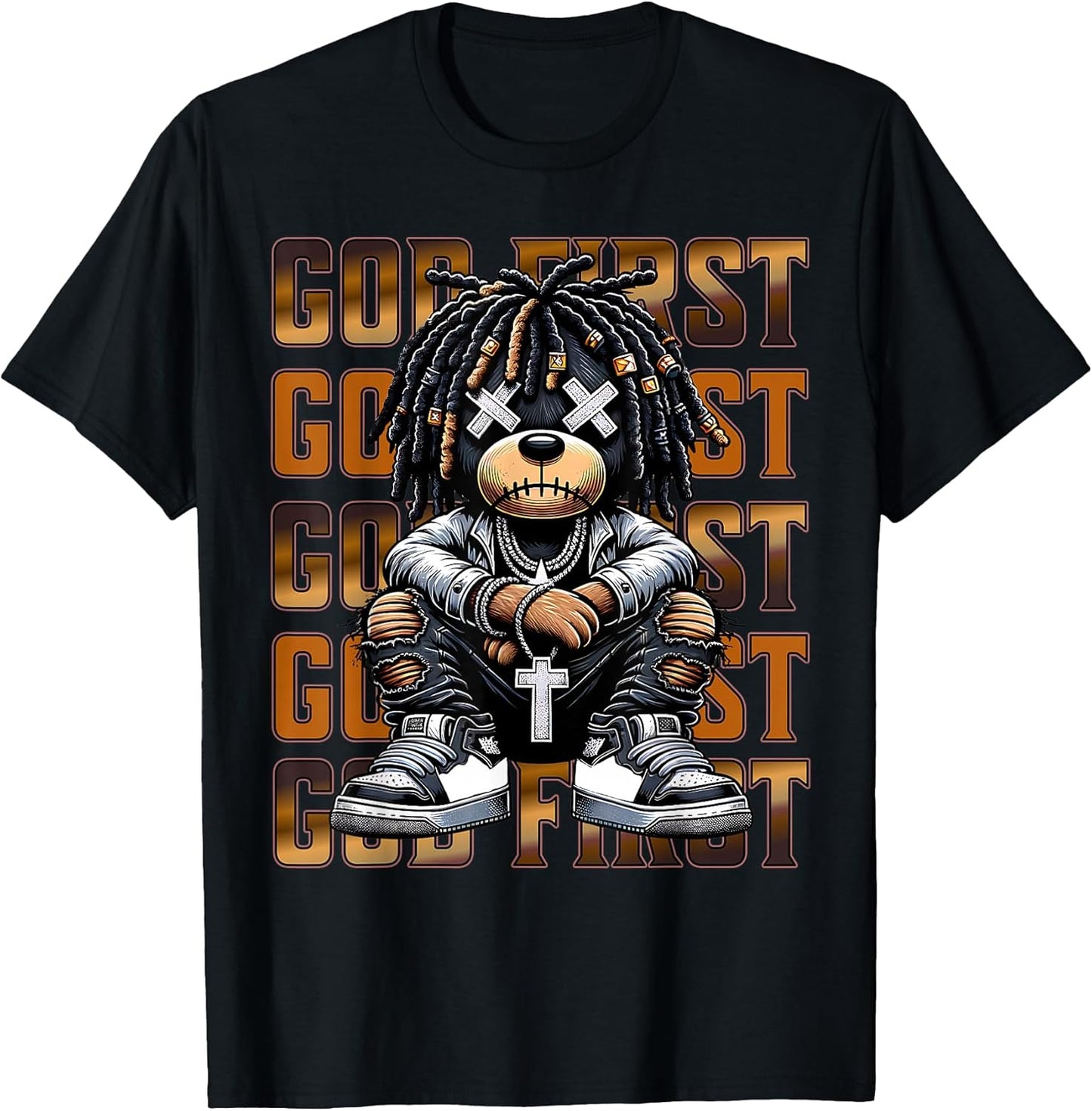 God First Urban Hip Hop Teddy Bear with Dreads Streetwear T-Shirt