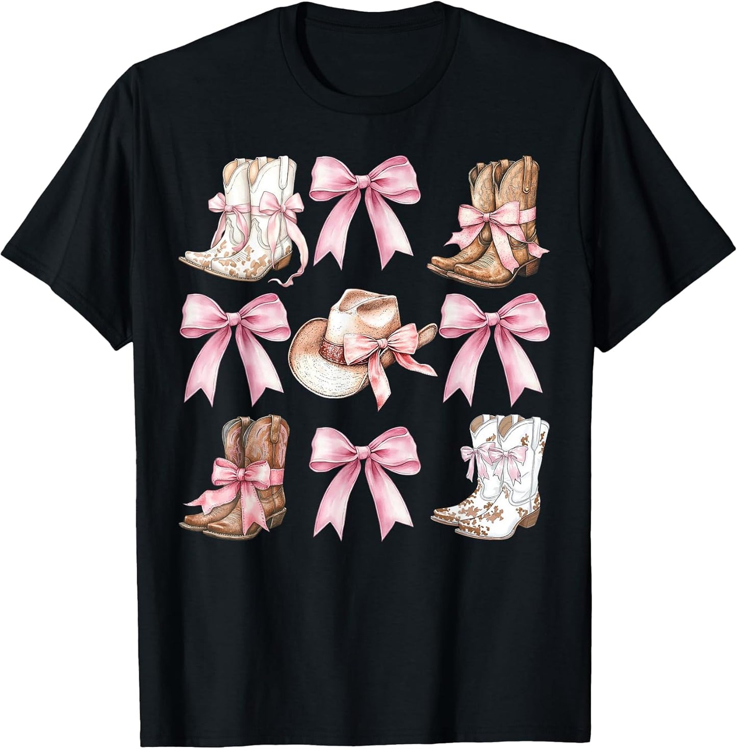 Coquette Cowgirl Boots with Pink Bows Aesthetic Y2K Womens T-Shirt