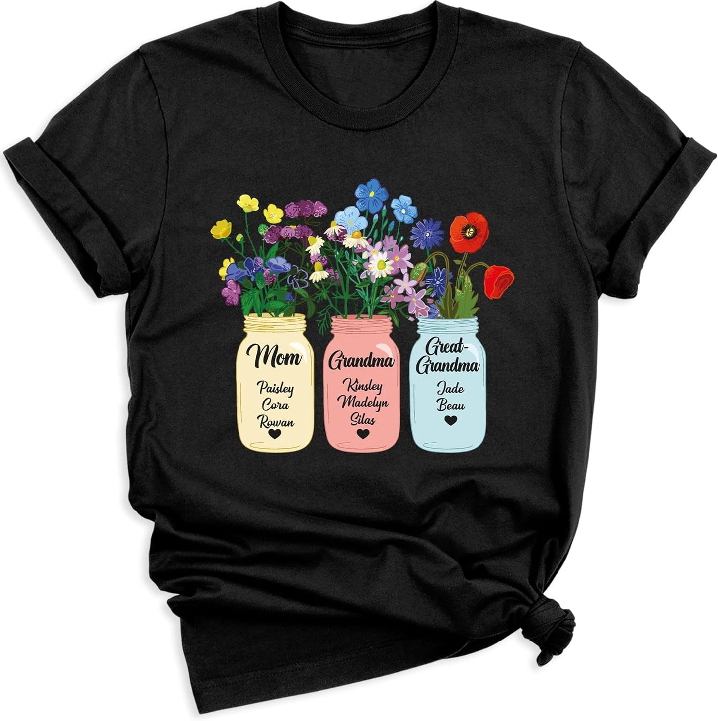 Custom Mom Grandma Great Grandma Shirt with Kids Names Personalized Flower Vase T Shirt for Women