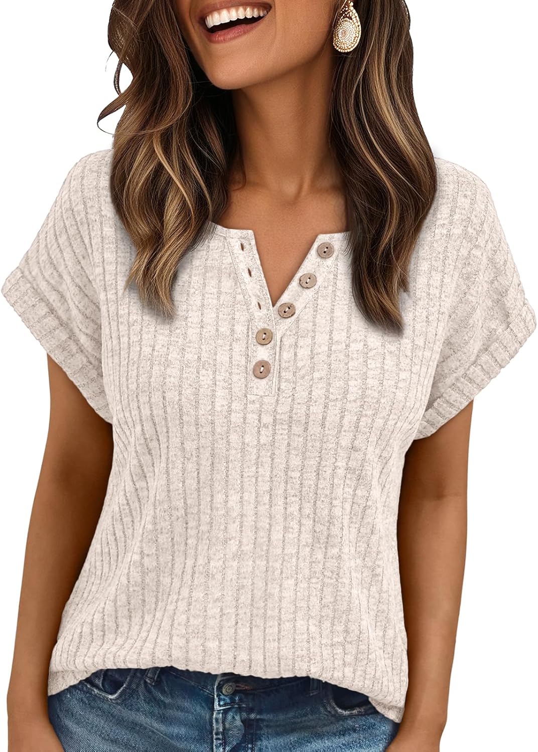 Women Tops Summer Sweaters Short Sleeve V Neck Henley Shirts Spring Dressy Button Blouses