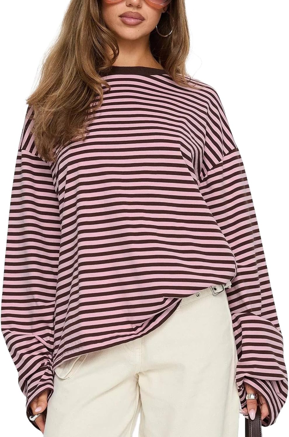 Striped Long Sleeve Shirt Women Y2k Oversized Crewneck Vintage Tops Fall Winter Drop Shoulder Cute Preppy Pullover