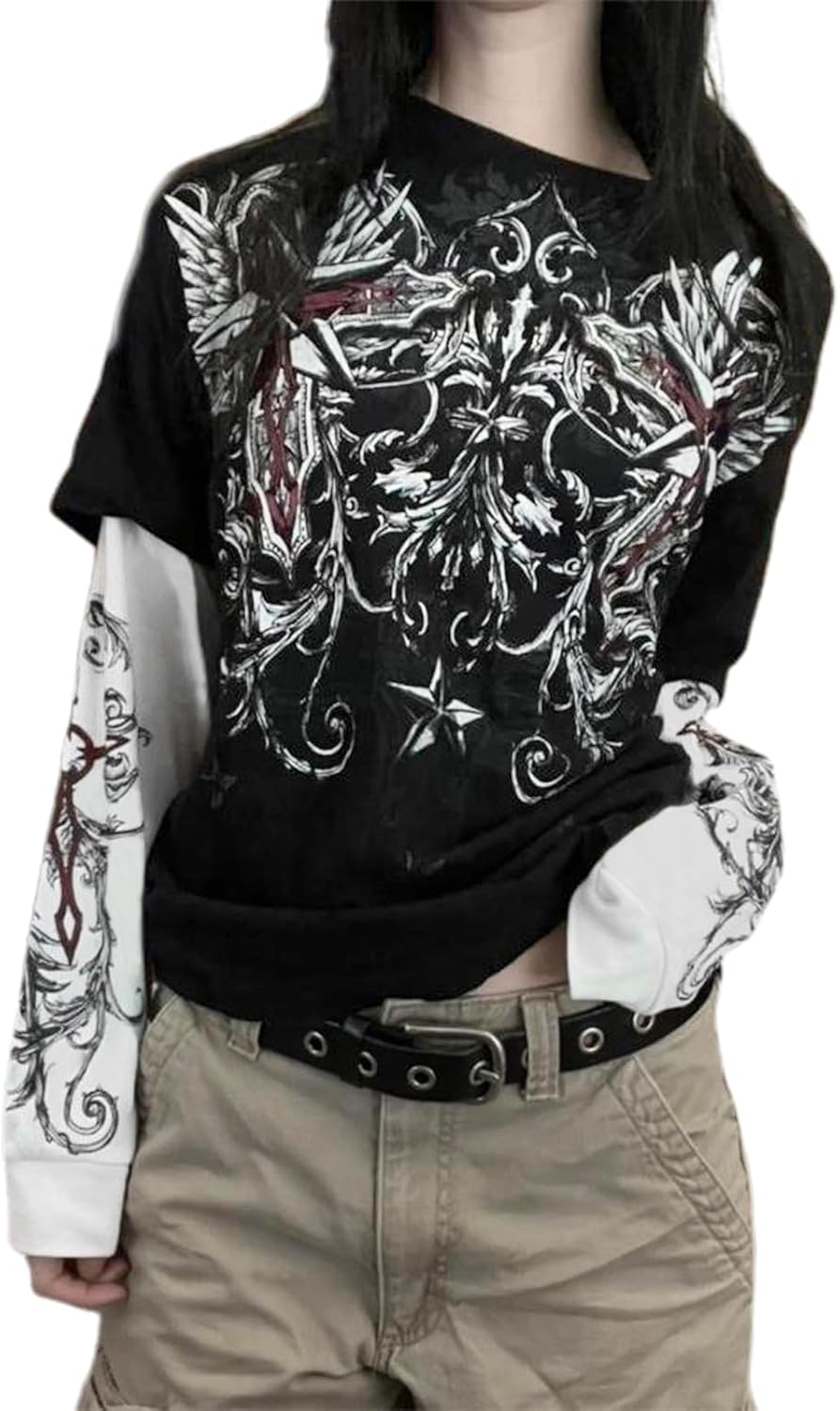 Long Sleeve Grunge T Shirts Y2k Gothic Graphic Print Oversized Tops Women Teen Girls Emo Goth Baggy Tees Streetwear