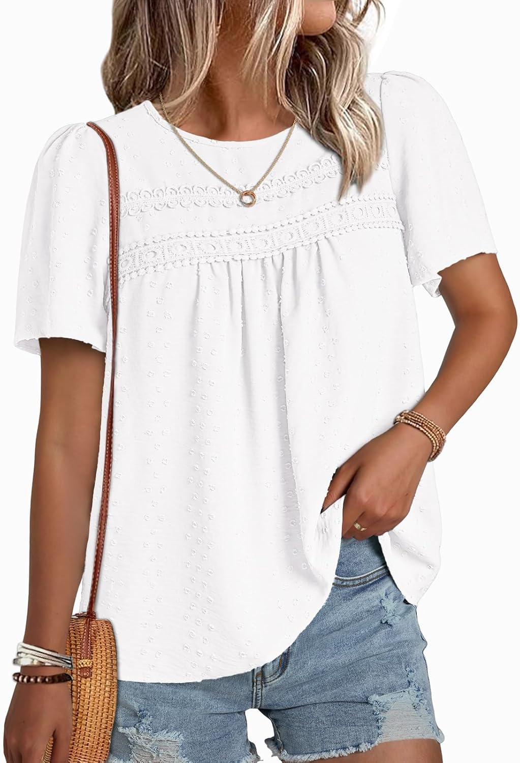 Womens Short Sleeve Tops Summer Crewneck Shirts Casual Chiffon Blouses Flowy Lace Hem Boho 2026 Trendy Clothes