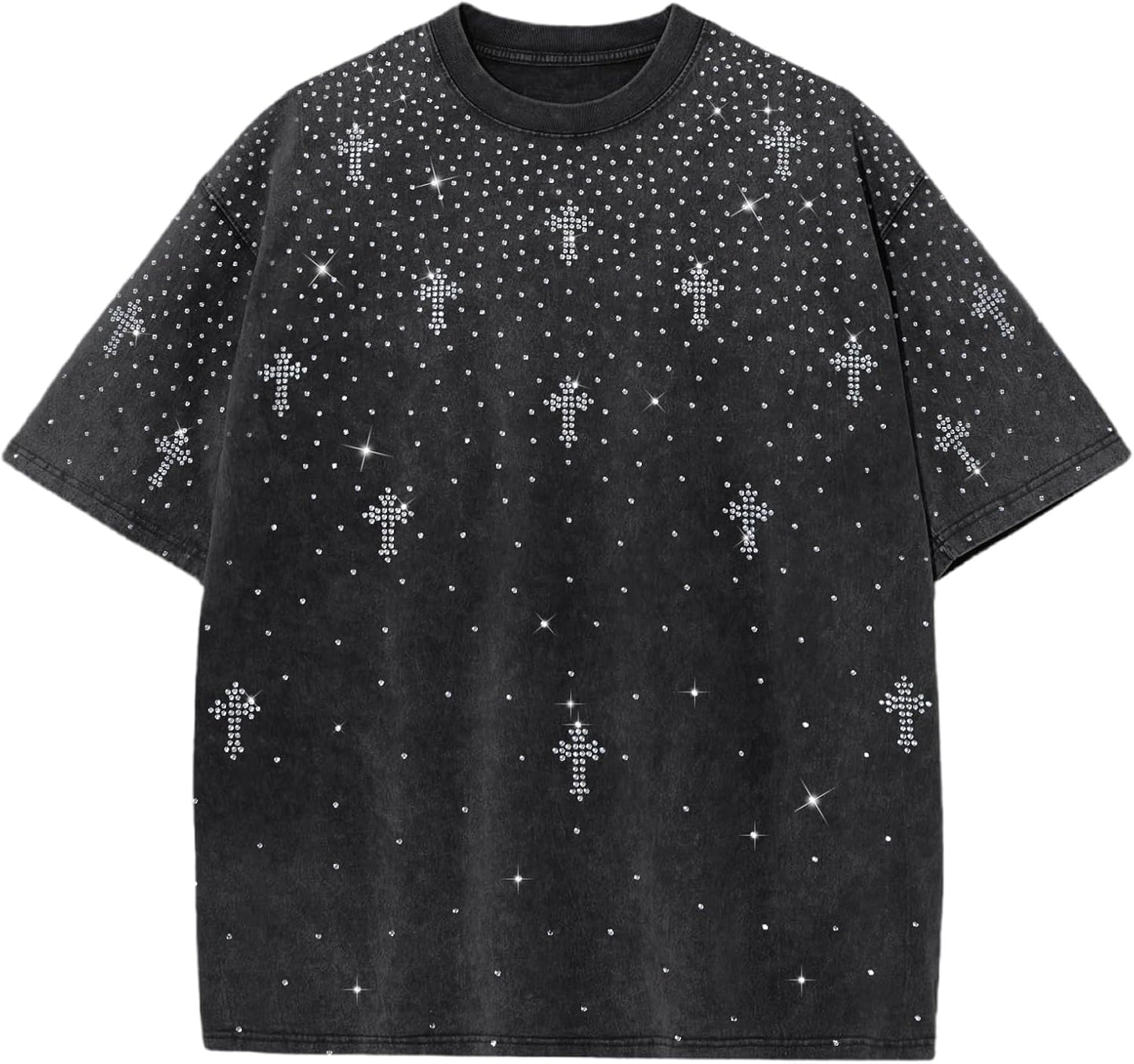 Mens Gothic Cross Rhinestone Shirt Sparkly Glitter Y2k Punk Grunge Streetwear Vintage Graphic Acid Wash Baggy Tees