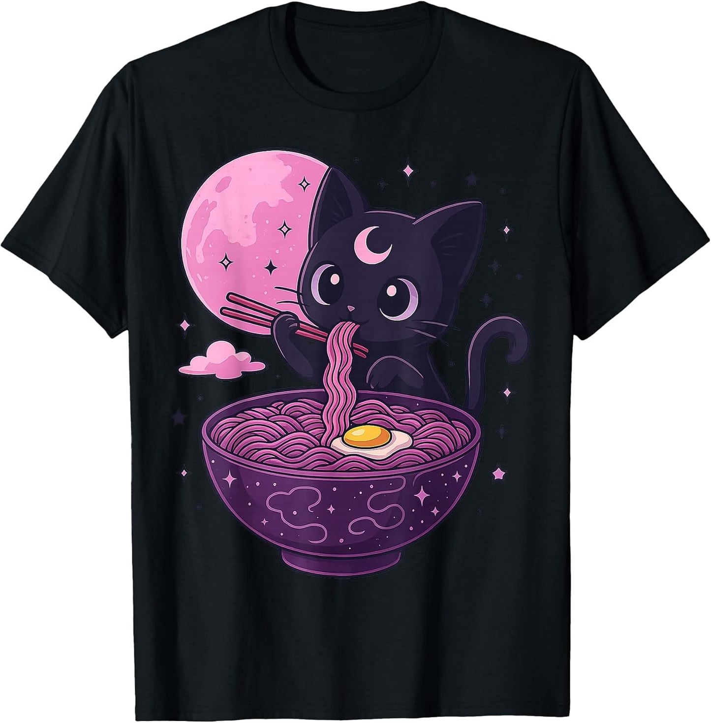 Kawaii Pastel Goth Cat Eating Ramen Under Moon Japanese T-Shirt