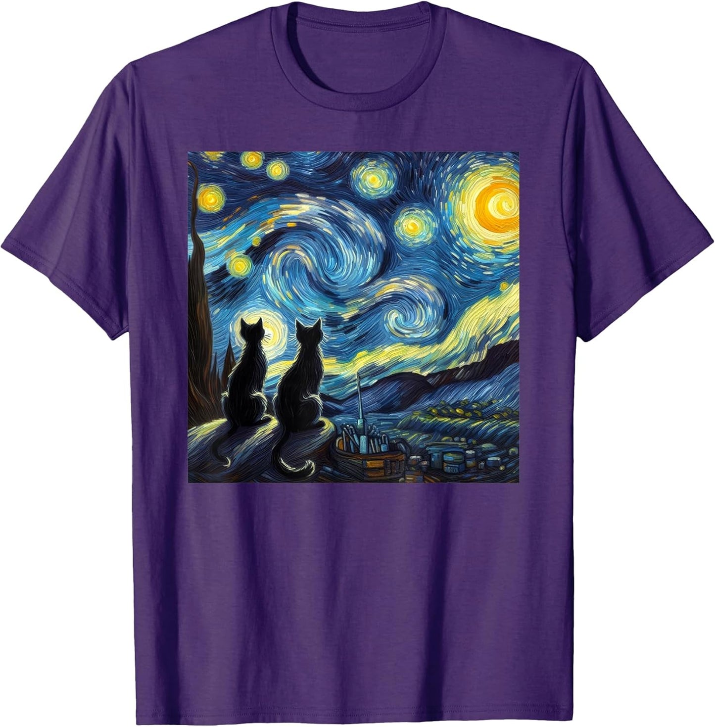 Black Cats Lover Starry Night Van Gogh T-Shirt
