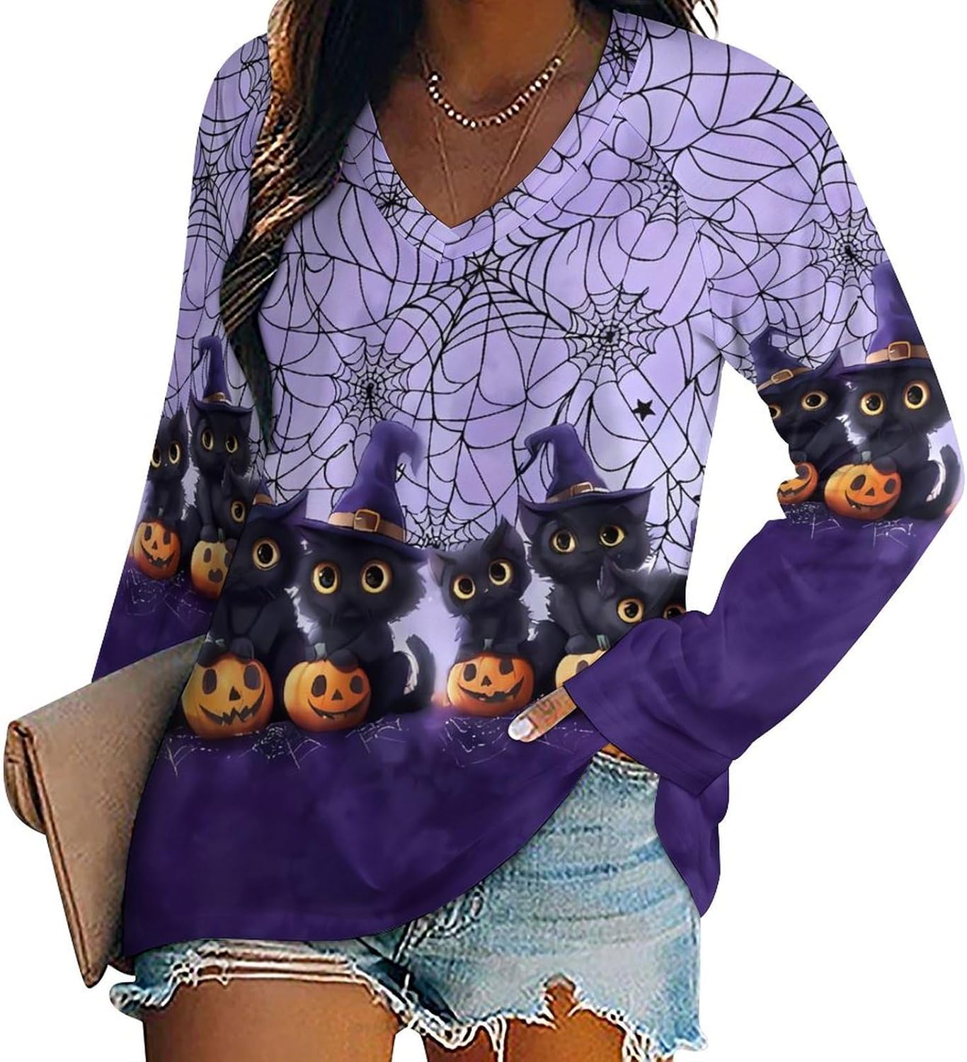 Halloween Shirts for Women Casual V Neck Long Sleeve Graphic Tees Cat Print Tunic Blouses Loose Pullover Fall Tops