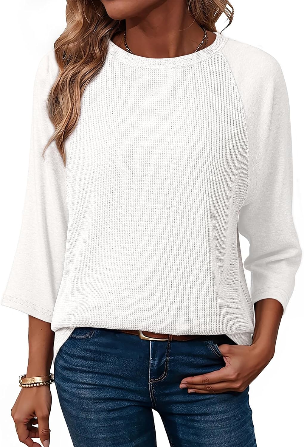 Womens Tops Spring Summer 3/4 Length Sleeve Fashion T Shirts for Women Crewneck Waffle Knit Casual Loose Tee Blouses