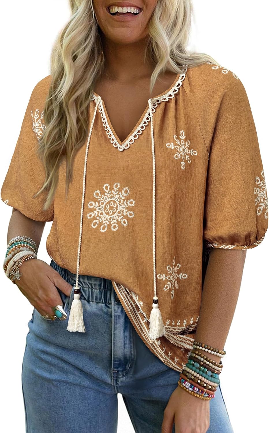 Womens Summer Boho Tops Casual V Neck Short Sleeve Blouses Floral Print Shirt Tie Front Flowy Vacation Clothes