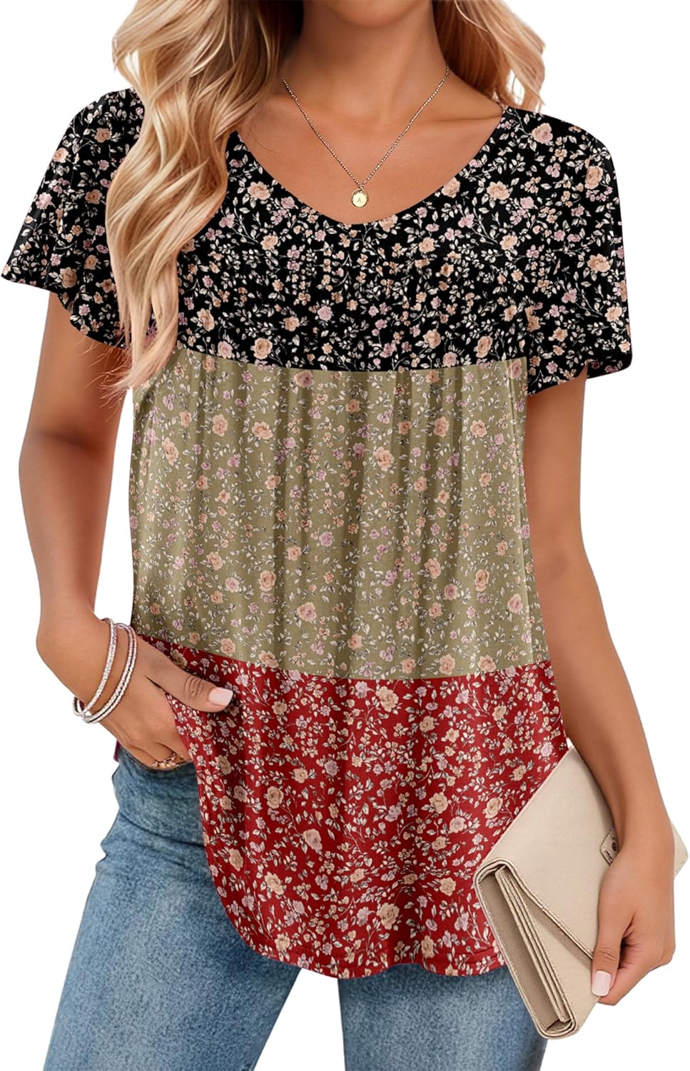 Women Tops Summer Ruffle Short Sleeve Shirts V Neck T Shirts Pleated Tunic Tops Work Blouses Business Outfits