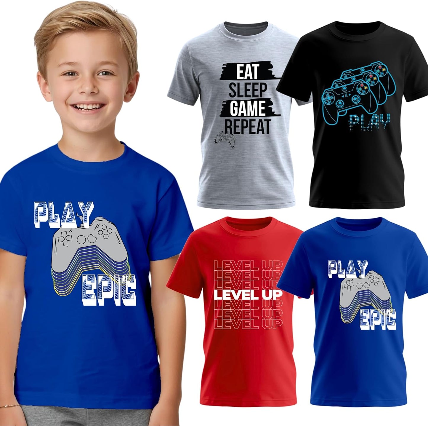 4-Pack Boys Short Sleeve Crew Neck T-Shirt with Chest Print | Soft Cotton Sizes 6-20